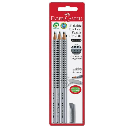 FABER CASTELL GRIP MATITA CON GOMMINO GRADAZIONE HB ARGENTO CONF 3 Pz.